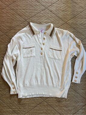 Vintage Mondi Germany Off White Knit Polo Sweater Gold Lurex Size 34